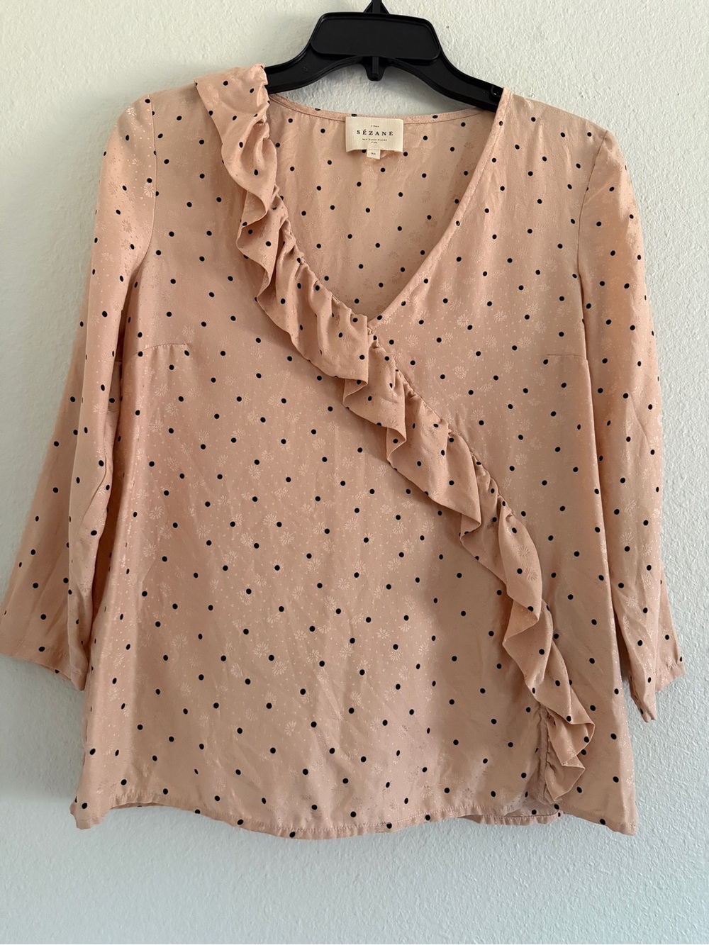 Sézane Silk Jacquard Polka Dot Ruffle V-Neck Blouse 3/4 Sleeve 36 / XS
